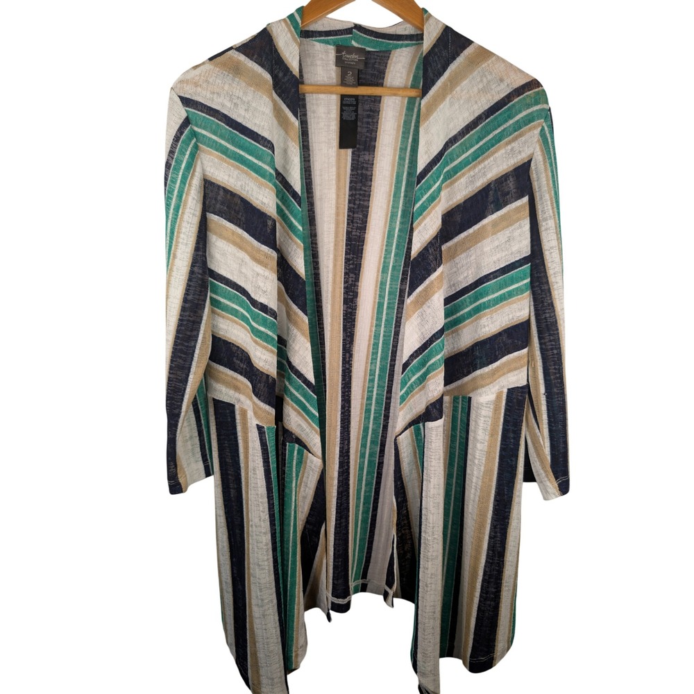 Chicos Travelers Striped Open Front Cardigan Green Navy Tan Size 2 Large